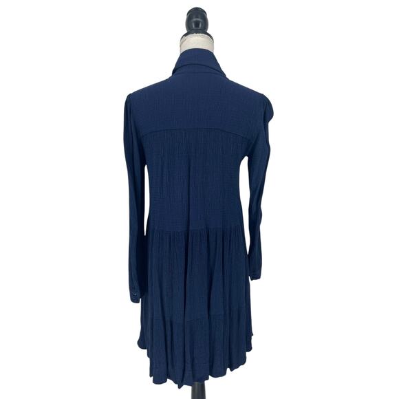 Sezane Selena Tie Neck Long Sleeve Navy Blue Tiered Dress - Picture 14 of 15